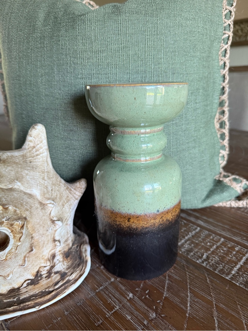 Drip Glaze, Sage Green,Studio Art Pottery candle holder. (Shell,pillow NFS)